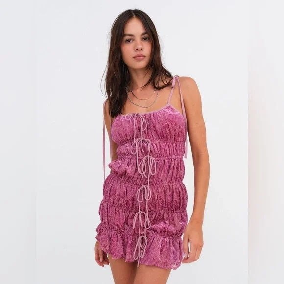 NWT For Love & Lemons Felicity Mini Dress Size Medium In Color Purple Combo - Picture 1 of 16